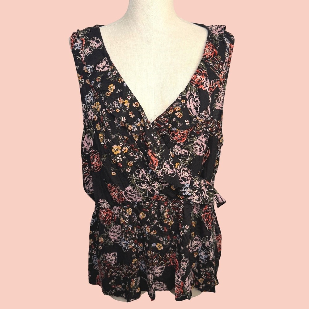 Maurices Womens 2X Black Floral Ruffle Surplice Sleeveless Blouse V Neck NWT